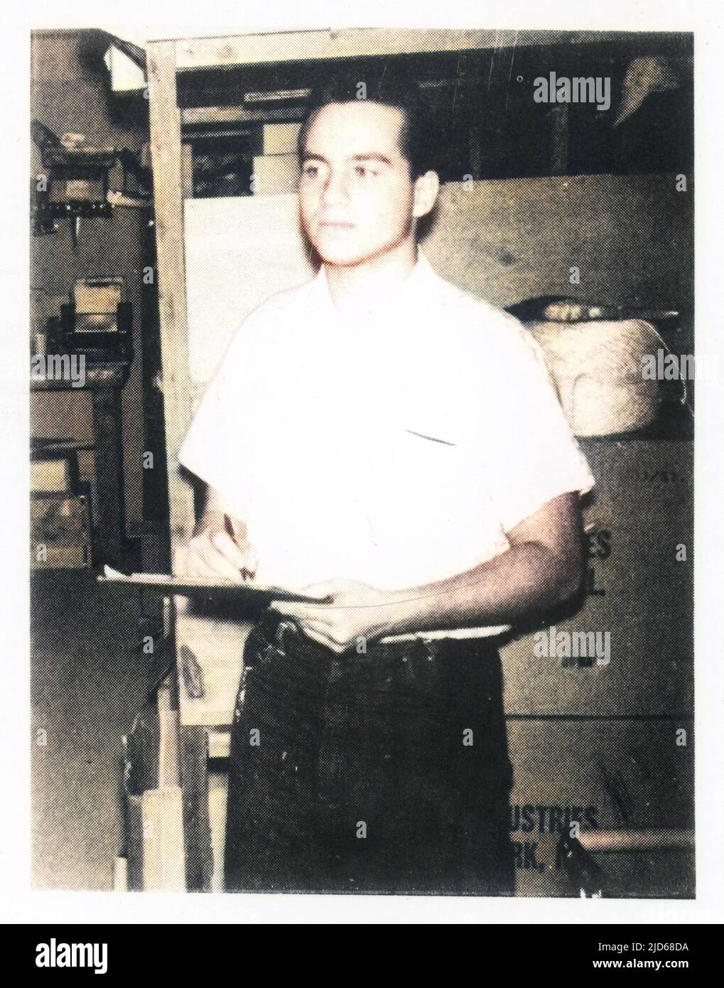 Julio Vasquez, focal point of poltergeist outbreak in the store-room of a store at Miami, Florida, investigated by William Roll Colourised version of : 10099242       Date: 1966 - 1967 Stock Photo