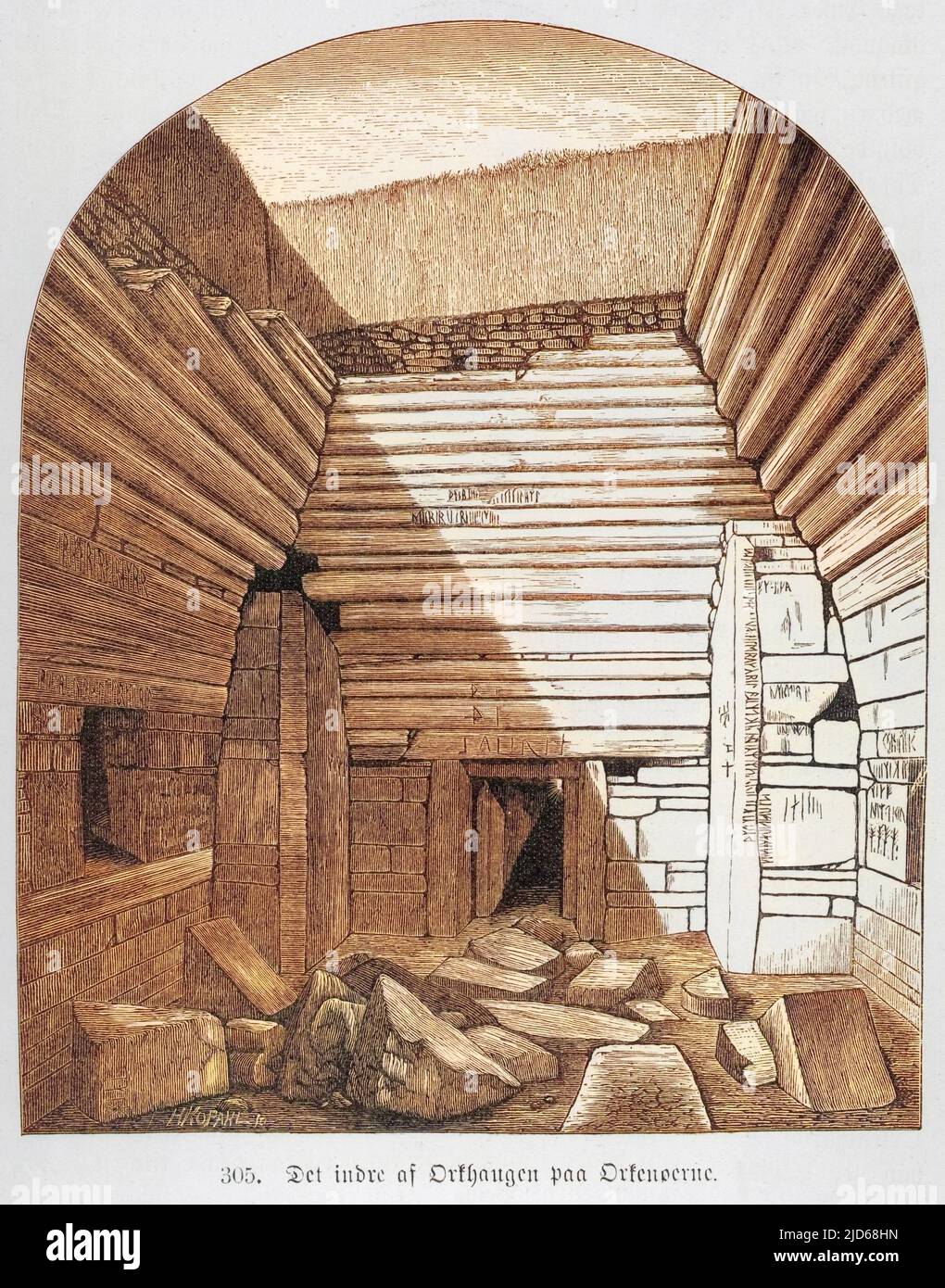 The interior of the Maes Howe chamber shortly after it was re-opened in 1861. Norsemen had already robbed the mound in the 12th century AD and left runic inscriptions. Colourised version of : 10107415       Date: late 19th century Stock Photo