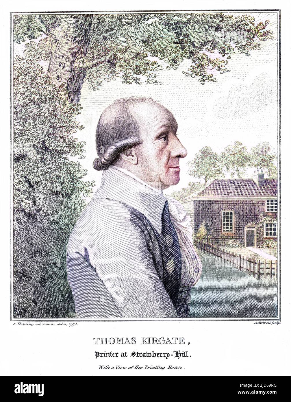 THOMAS KIRGATE Printer at Strawberry Hill, near London - that's his printing office in the background - who printed the writings of Horace Walpole. Colourised version of : 10162293       Date: ? - 1810 Stock Photo