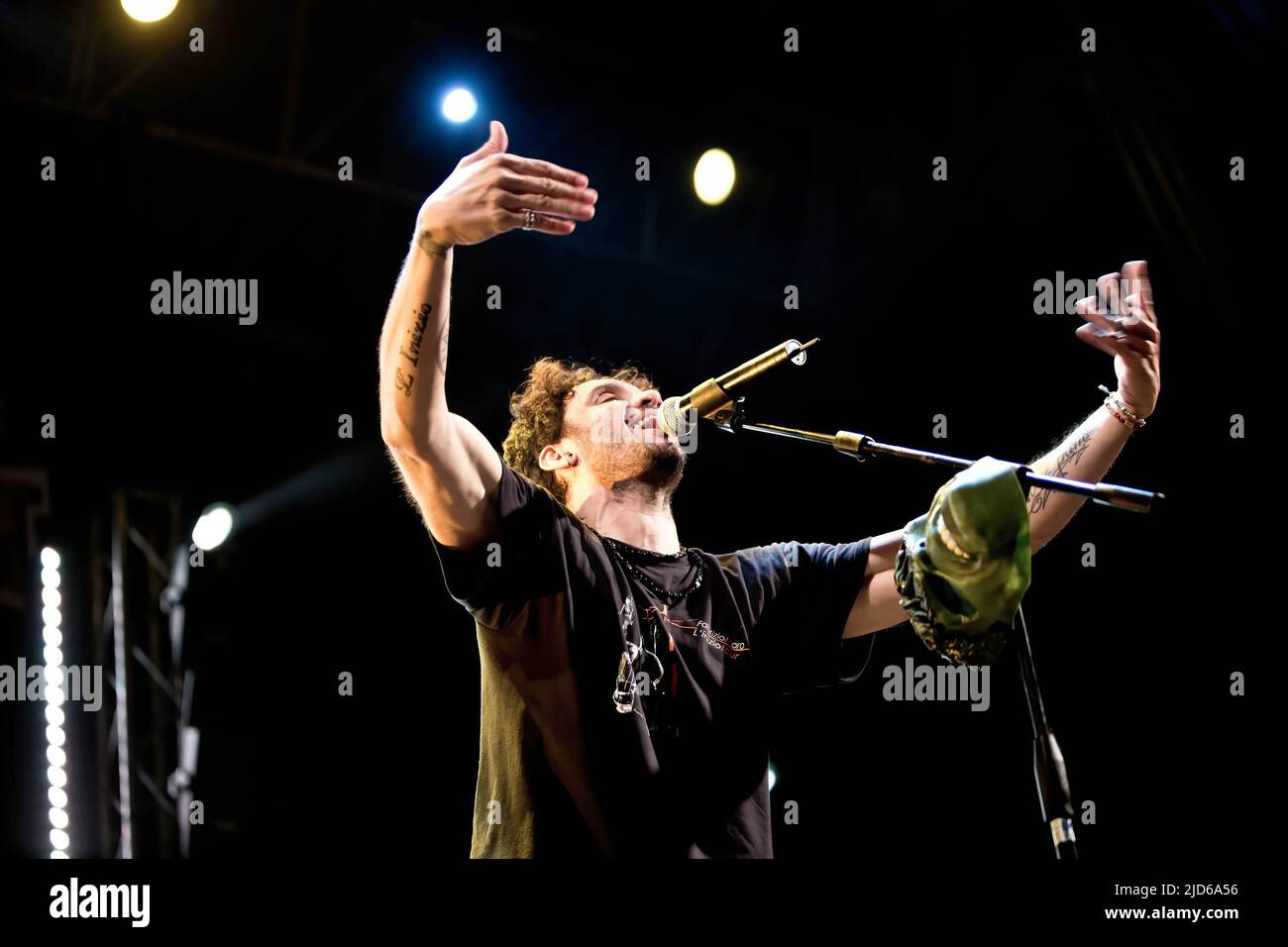 Fabrizio Moro performs lives on stage at Villa Ada in Rome. Stock Photo