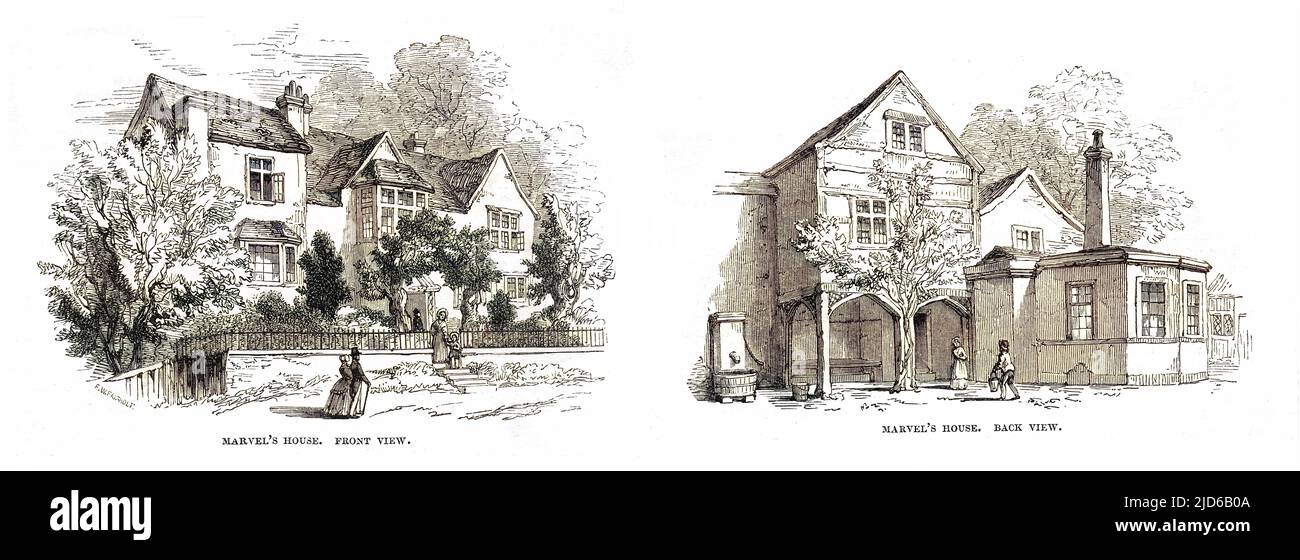 ANDREW MARVELL's home in Highgate, north London - front and back views, as it stood in 1849 Colourised version of : 10164583       Date: 17TH CENTURY Stock Photo