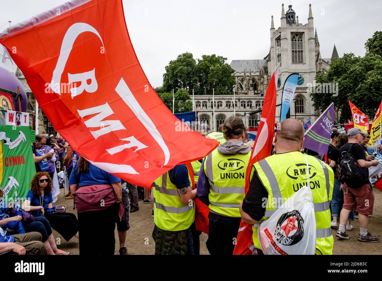 London UK, 18th June 2022. Members of the Rail, Maritime and Transport Workers union join thousands of trade union members on the We Demand Better march organised by the TUC. Stock Photo
