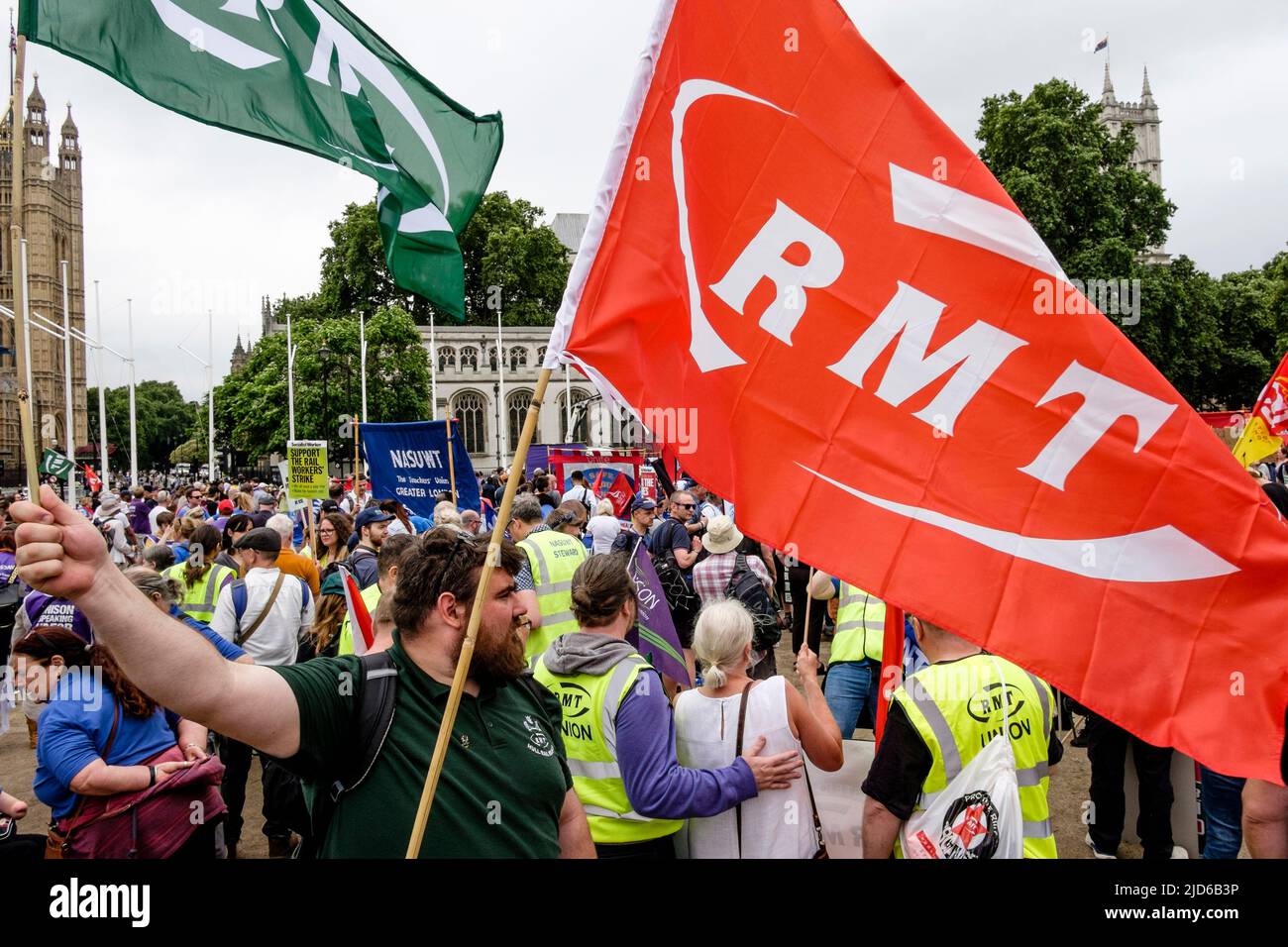London UK, 18th June 2022. Members of the Rail, Maritime and Transport Workers union join thousands of trade union members on the We Demand Better march organised by the TUC. Stock Photo