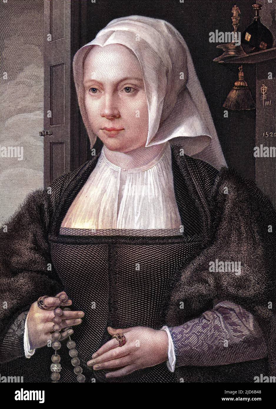 The wife of QUENTIN MASSYS, toying with a necklace. Colourised version of : 10164654       Date: circa 1500 Stock Photo