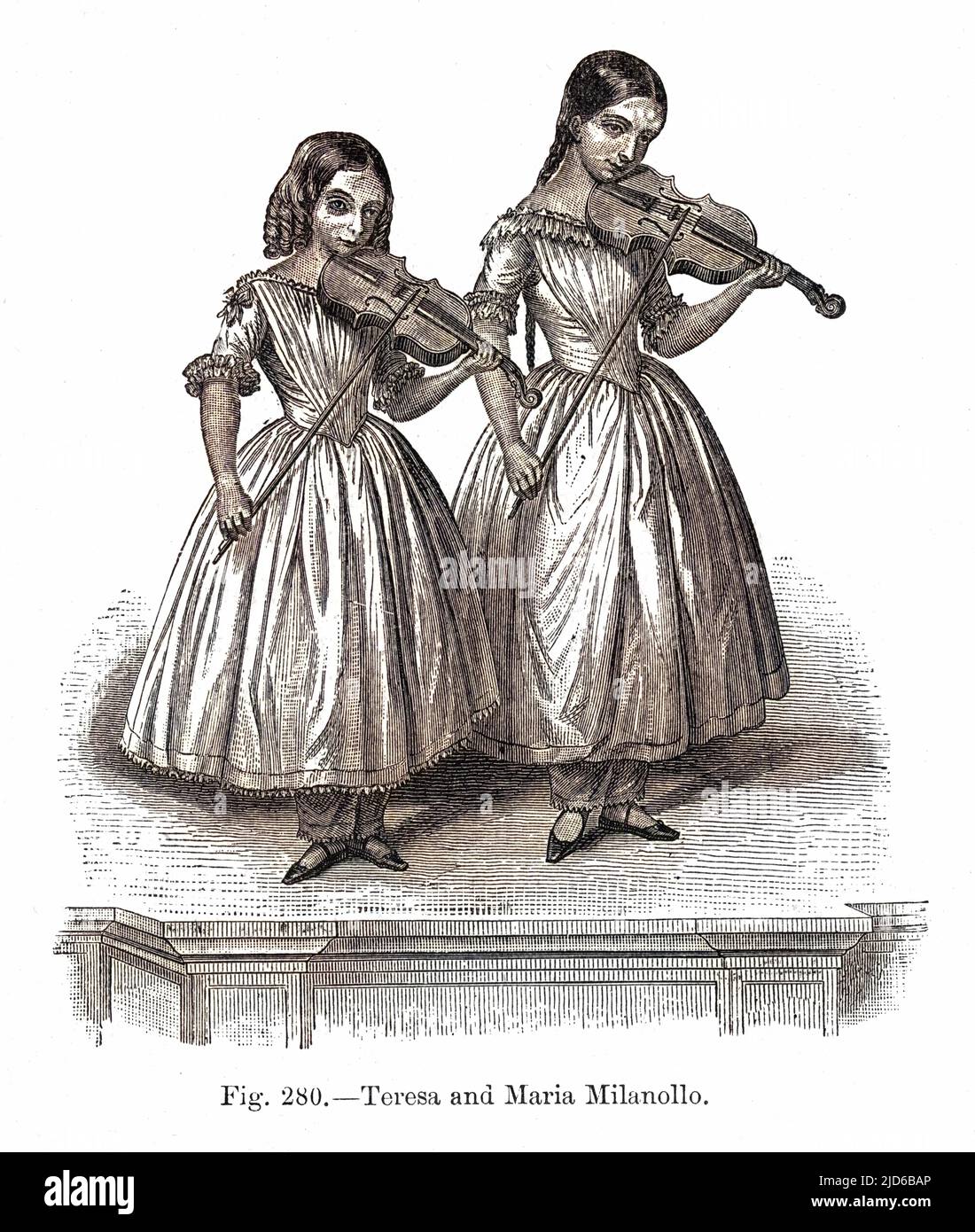 Domenica Maria TERESA MILANOLLA (on left) and her older sister Maria, Italian violin-playing sisters Colourised version of : 10165056       Date: 1827 - 1904 Stock Photo