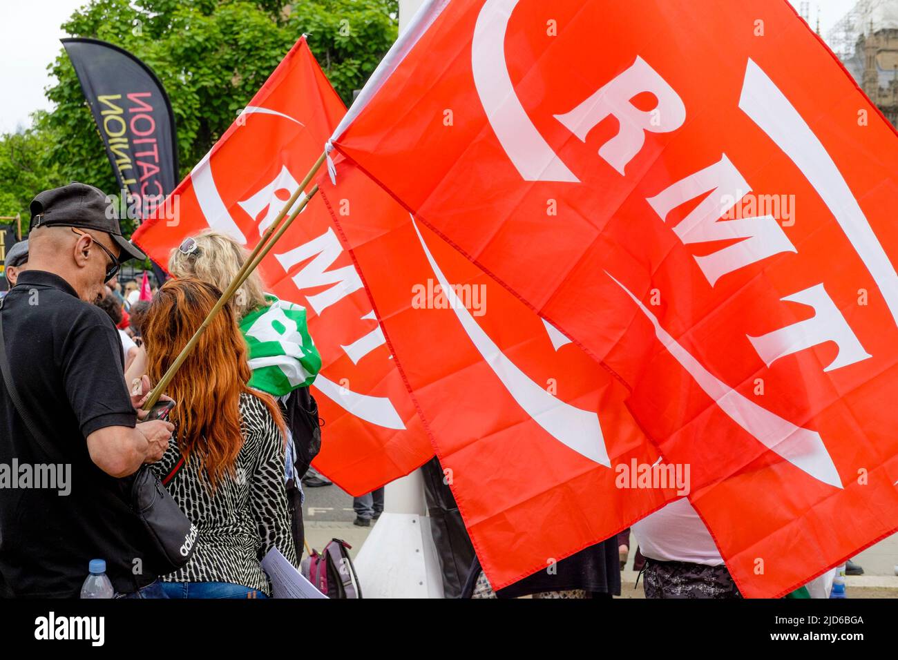 London UK, 18th May 2022. Members of the Rail, Maritime and Transport Workers union join thousands of trade union members on the We Demand Better march organised by the TUC against the UK government and the cost of living crisis. Stock Photo