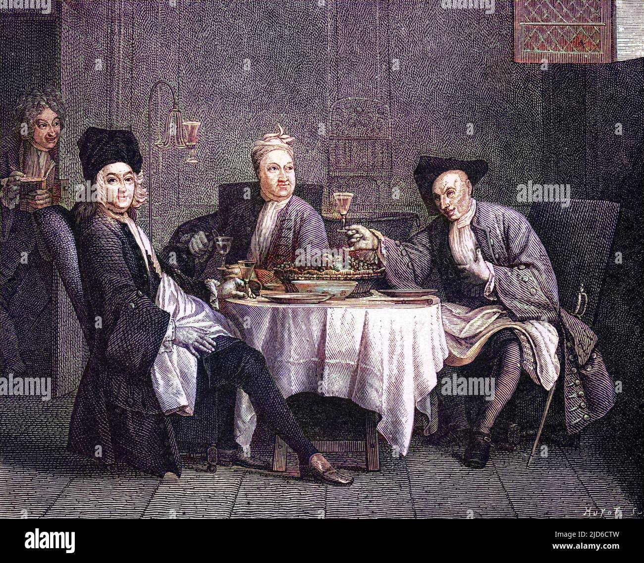 ALEXIS PIRON French writer, dining with two friends Colle and Gallet on either side of him. Colourised version of : 10172712       Date: 1689 - 1773 Stock Photo