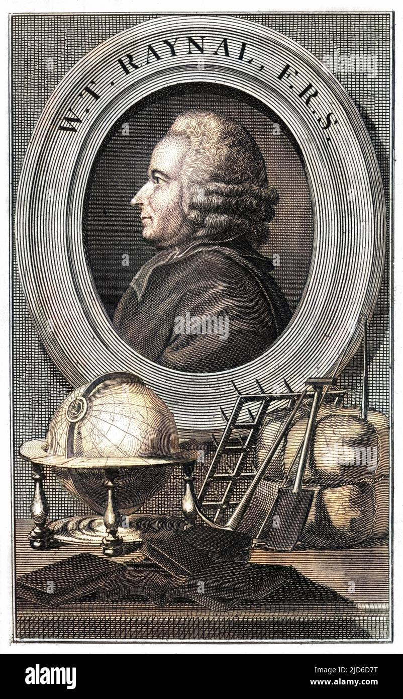 GUILLAUME THOMAS FRANCOIS, abbe RAYNAL - French historian and philosopher, with a globe and farming implements representing the range of his interests. Colourised version of : 10173631       Date: 1713 - 1796 Stock Photo