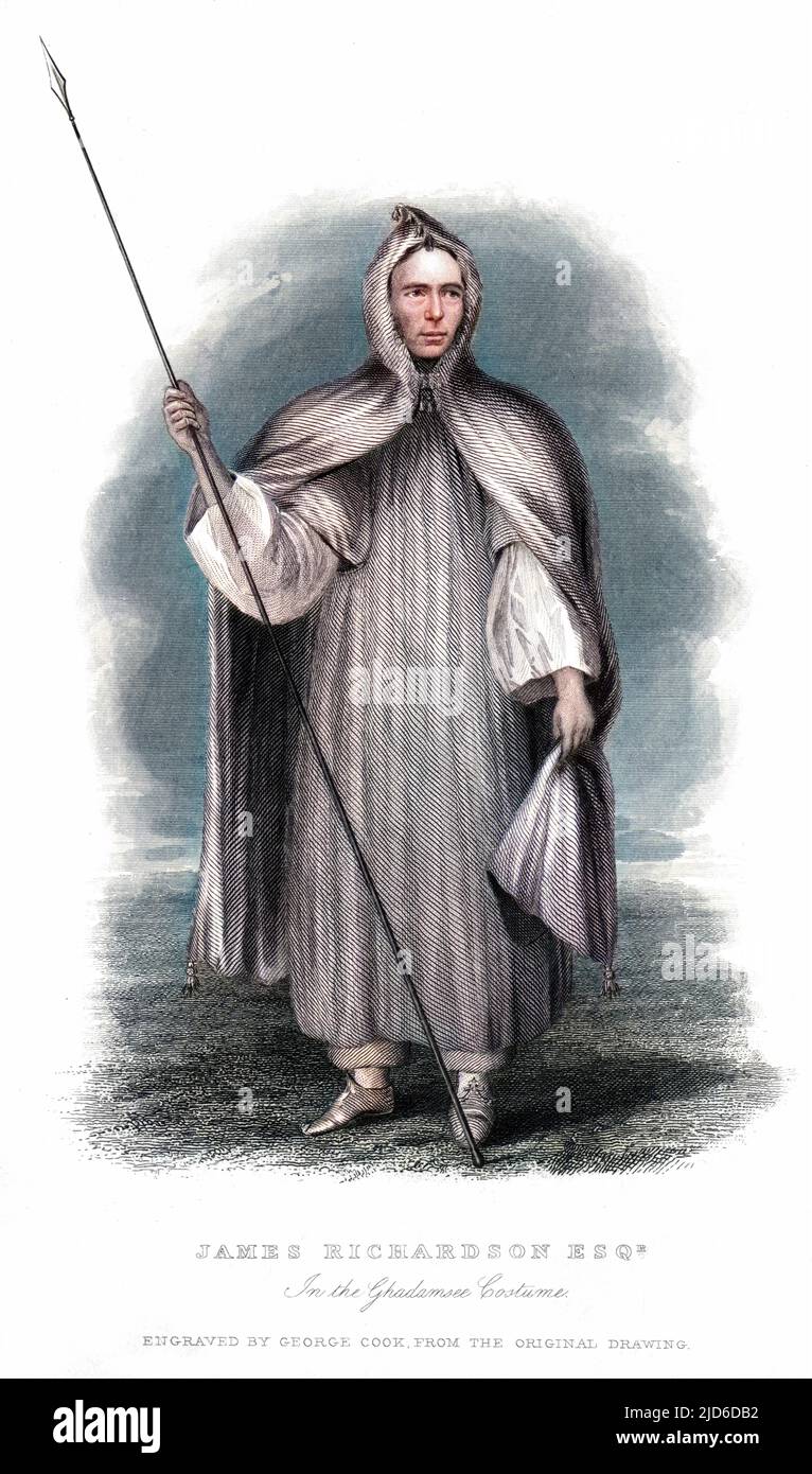 JAMES RICHARDSON - traveler in North Africa, wearing the Ghadamsee costume in which he passed unnoticed among the indigenous populace. He died of fever exploring Tchad. Colourised version of : 10174127       Date: 1806 - 1851 Stock Photo