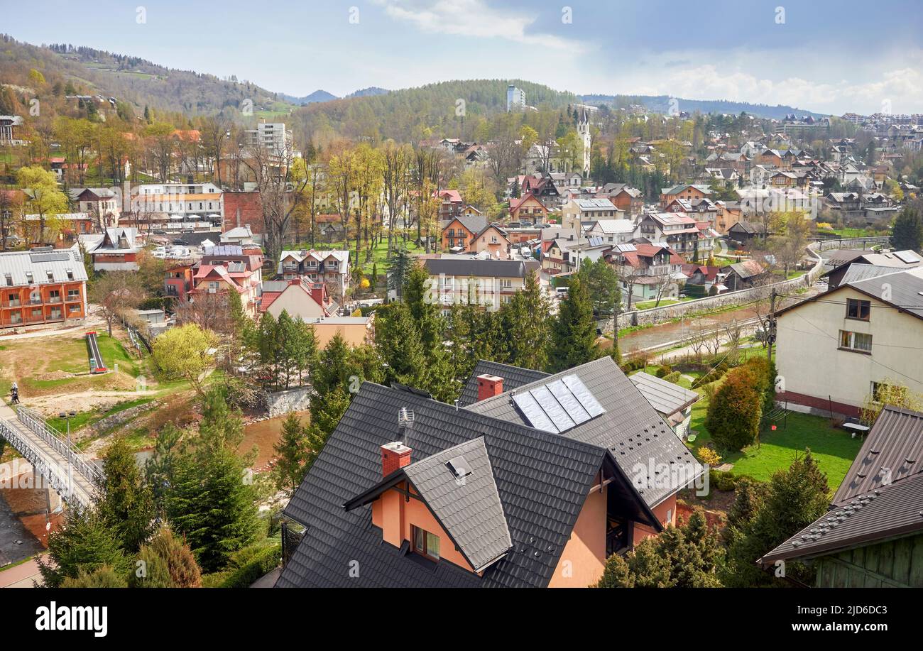 Aerial view of Szczawnica, one of the oldest spa resorts in Poland. Stock Photo