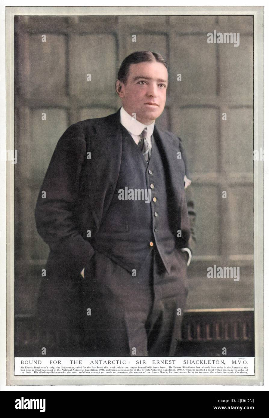 ERNEST SHACKLETON (1874 - 1922), Irish Antartic explorer, photographed before his bid to cross the Antartic continent in 1914. Colourised version of : 10179564 Stock Photo