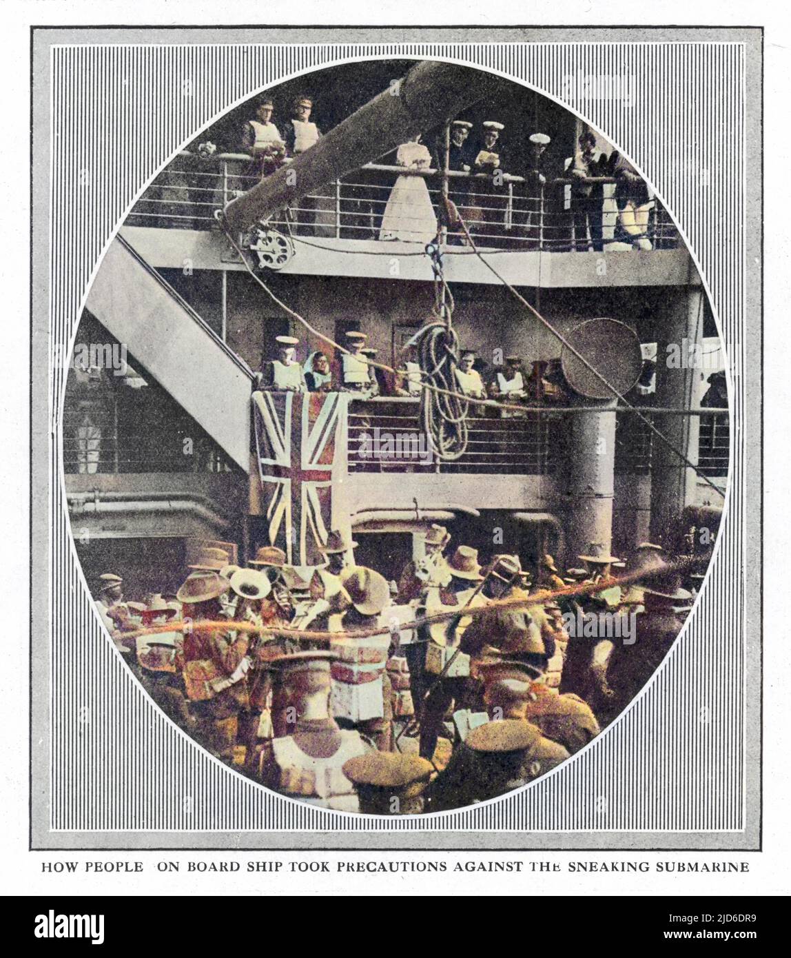 People on board the Britannic, the sister ship of the Titanic, taking part in a service; the ship, requisitioned as a hospital ship in WW1 was sunk by a mine Colourised version of : 10197350       Date: Nov-16 Stock Photo
