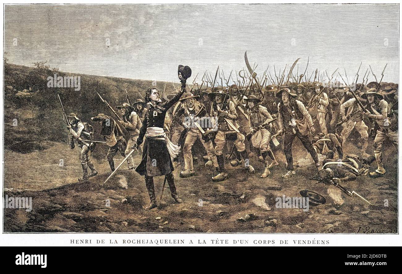 If I retreat, shoot me : if I advance, follow me : if I am killed, avenge me.' Vendee commander Larochejacquelein leads his men heroically, but he will be killed in action. Colourised version of : 10201148       Date: March 1794 Stock Photo