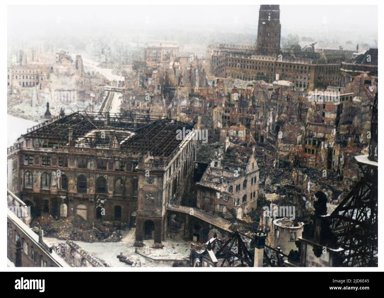 Dresden, devastated after the Allied bombing campaign had created a firestorm which burned for 7 days. Colourised version of : 10078363       Date: 13-15 February 1945 Stock Photo