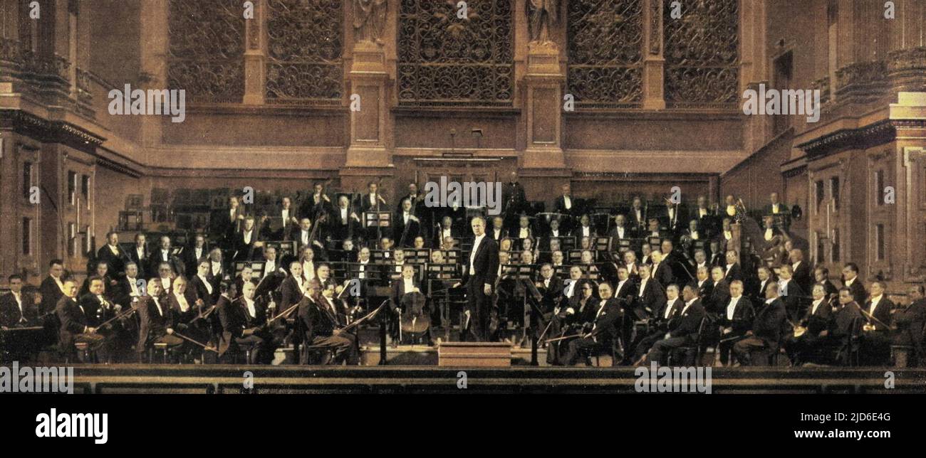 Berlin Philharmonic orchestra with Wilhelm Furtwangler(1886-1954) as their conductor, 1932. Colourised version of : 10507363       Date: 1932 Stock Photo