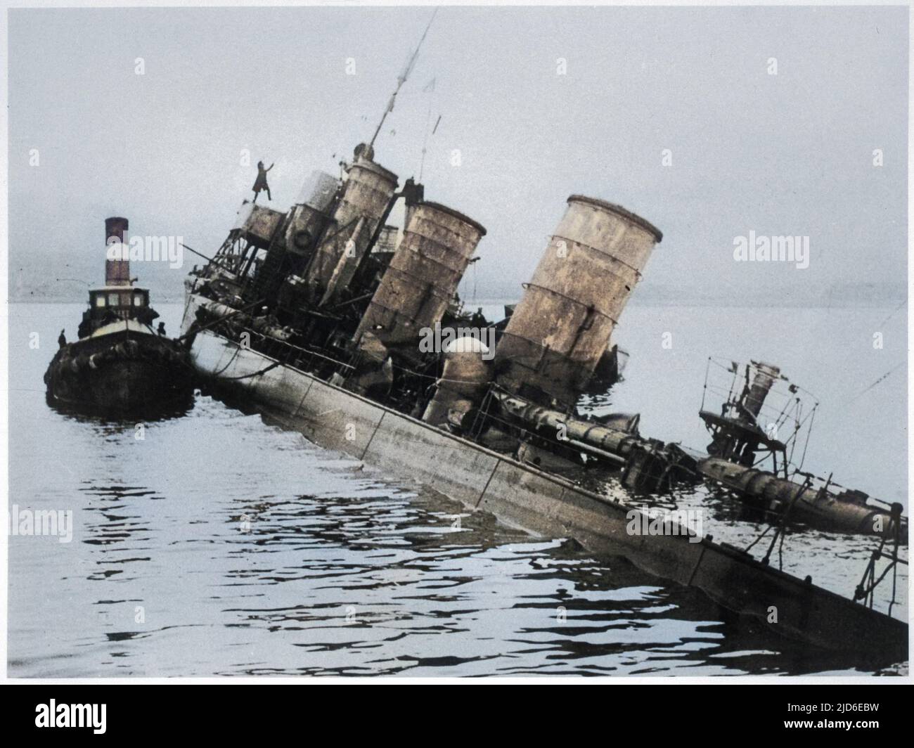 A scuttled German destroyer at Scapa Flow Colourised version of : 10089494       Date: 1919 Stock Photo