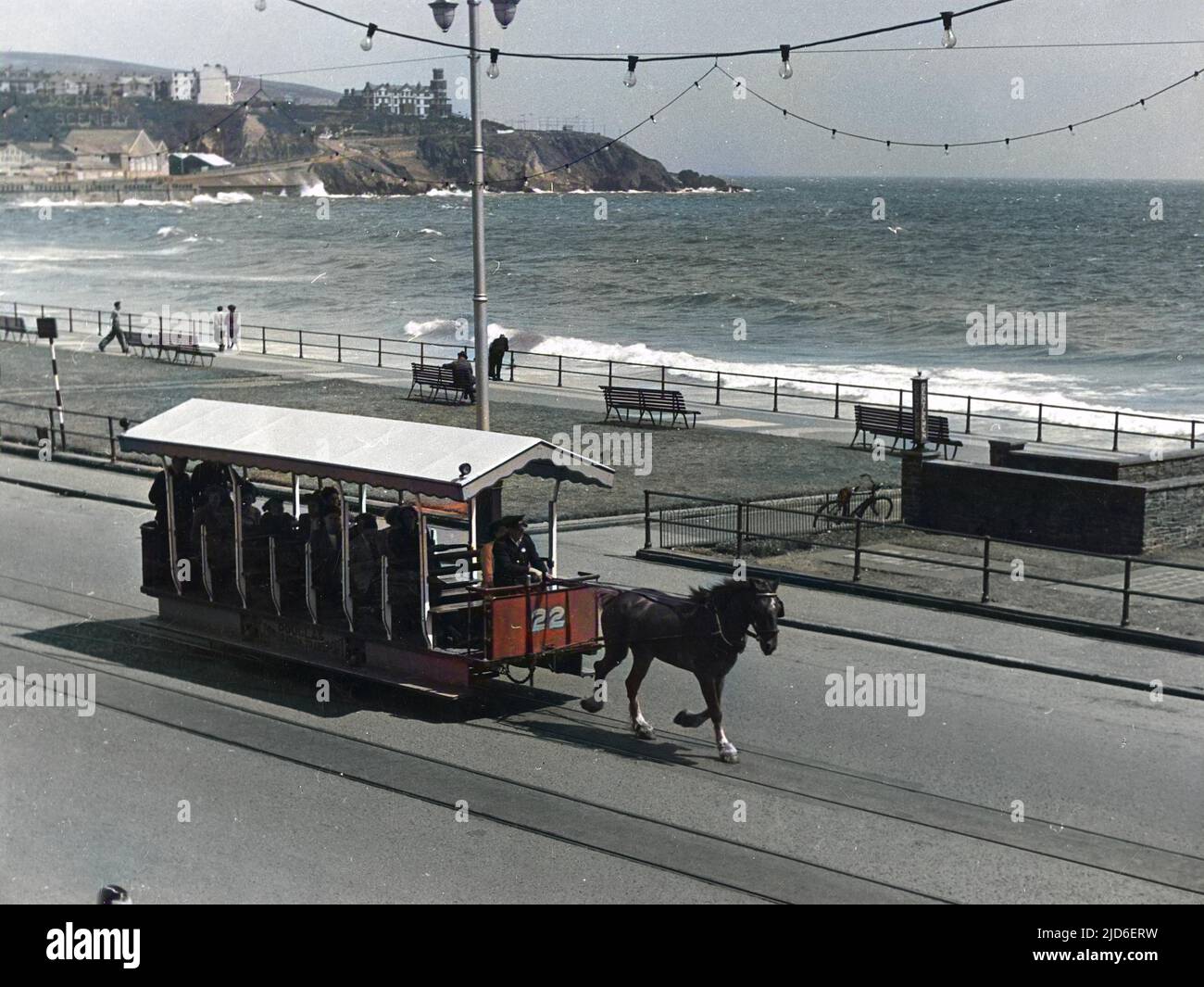 One of the last surviving 'One Horse' trams in the whole of the British Isles, seen here at Douglas, Isle of Man. Colourised version of : 10161232       Date: 1950s Stock Photo