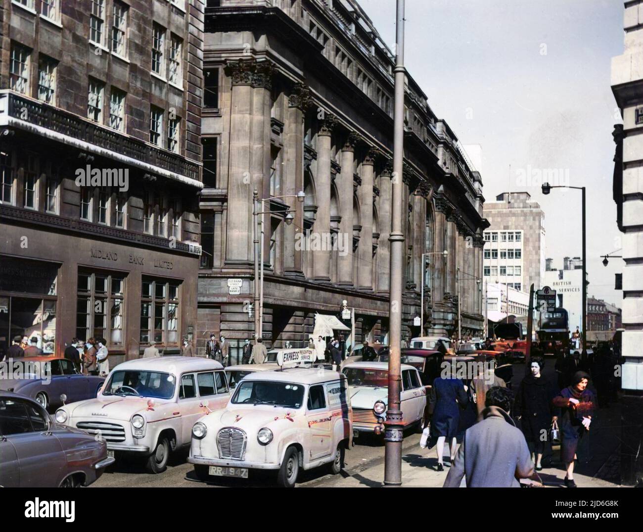A view of busy Cross Street and the Royal Exchange Building, Manchester, England. Colourised version of : 10174397       Date: Apr-64 Stock Photo
