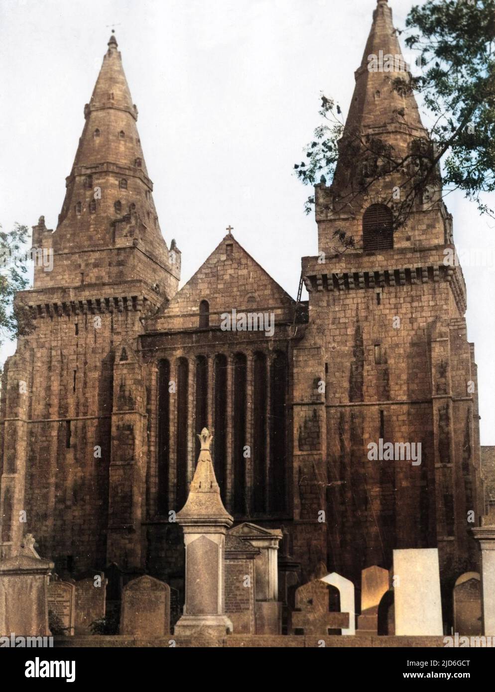 St. Machar's Cathedral. Old Aberdeen, Scotland. These, the two Western towers, were completed by Bishop Henry de Lichtoun between 1423 and 1440. Colourised version of : 10180275       Date: 14th - 16th century Stock Photo