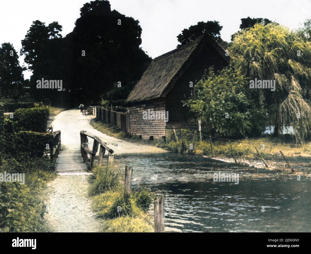 The Ford on the River Lea, Waterend, east of Wheathampstead, Hertfordshire, England. The lane is a fragment of a Roman Road, pointing towards Welwyn. Colourised version of : 10181557       Date: 1930s Stock Photo