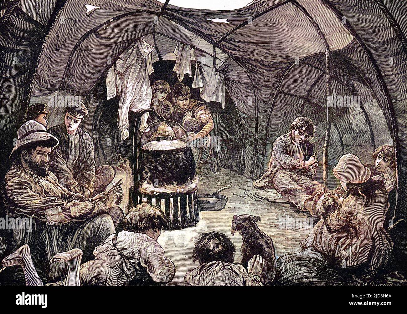 Sketches of Gypsy life: inside a tent on Mitcham Common. Colourised version of: 10216566       Date: 1879 Stock Photo