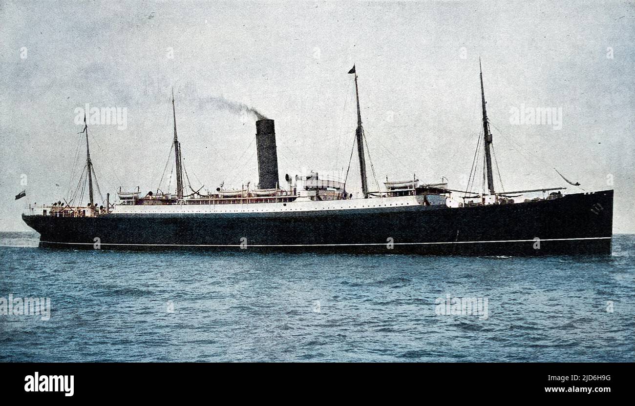 The Cunard Line's RMS 'Carpathia', launched by the Swan Hunter Shipyard, in 1902. She was the first vessel built for the Cunard Line which was exclusively for second and third class passengers. In 1912 she was the first vessel to attend the sinking of the 'Titanic'. The 'Carpathia' was sunk by a German U-boat in 1918, off the Fastnet, Southern Ireland. Colourised version of: 10216805       Date: 1903 Stock Photo