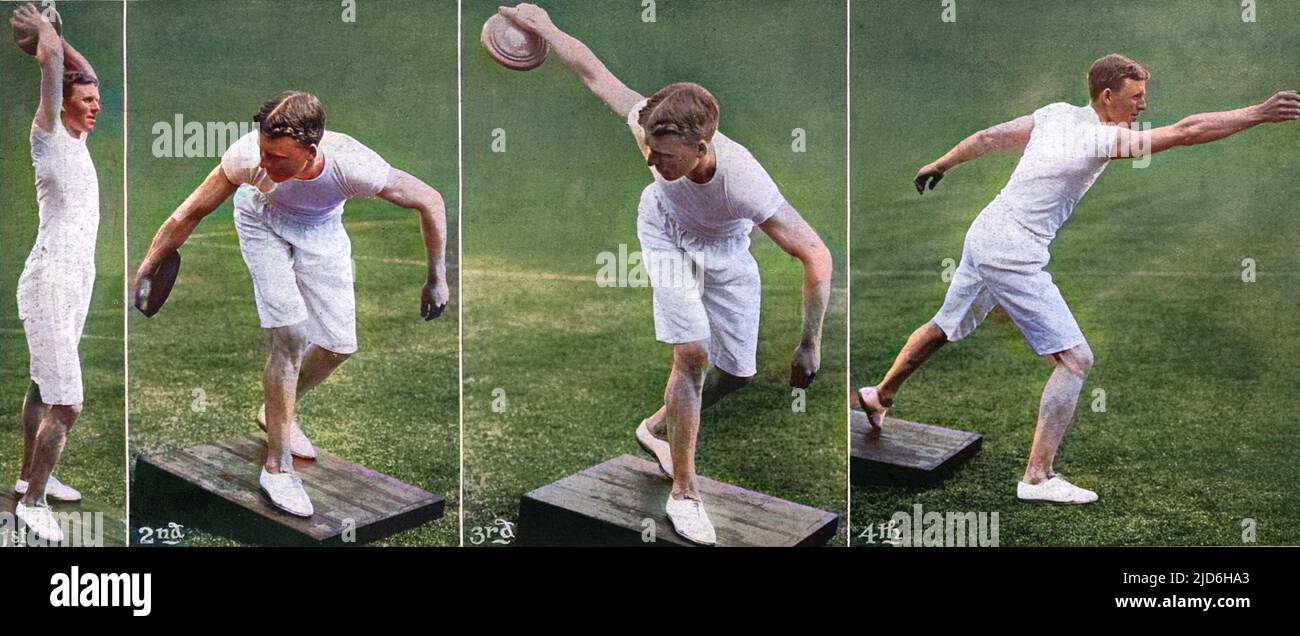 Classic Games at Shepherd's Bush - Four positions in throwing the discus. Series of four photographs showing the positions adopted while throwing the discus, one of the ancient Greek sports to be included in the London Olympic Games in 1908. Colourised version of: 10217334       Date: 1908 Stock Photo