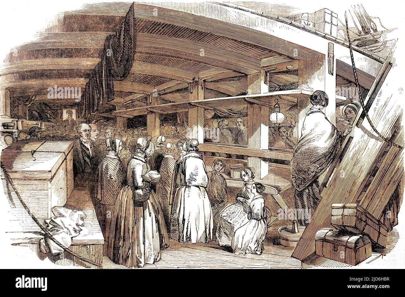 Engraving showing 'distressed' needlewomen below decks on an emigrant ship, with their belongings, making themselves confortable before the voyage begins.  A charity set up by Mr Sidney Herbert and the Rev Quekett rescued many of these girls from poverty and enabled them to start a new life in Australia. Colourised version of: 10219487       Date: 1850 Stock Photo