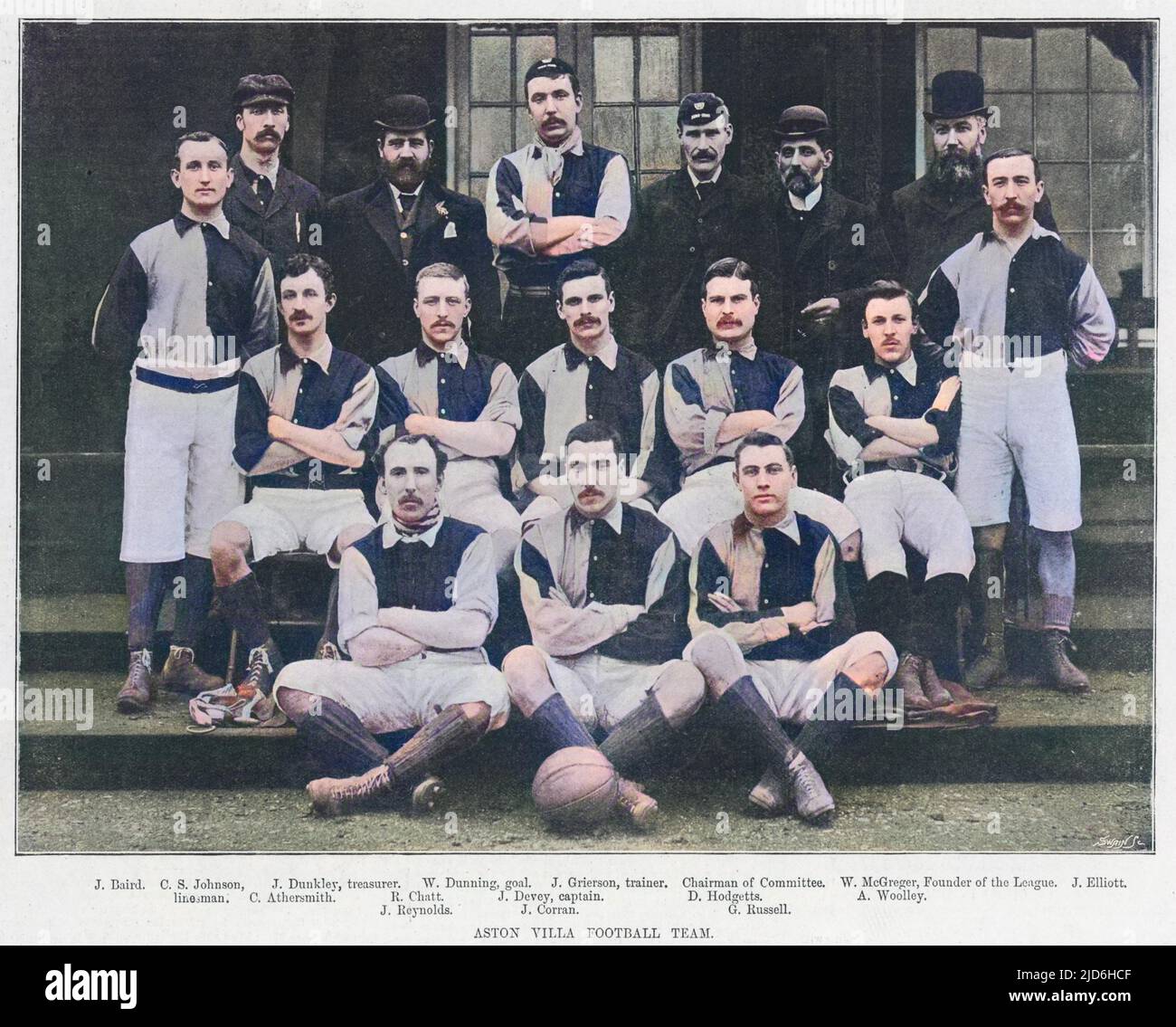 Team photograph of Aston Villa in First Division champions in 1894. Formed in 1874 by members of the Villa Cross Wesleyan Chapel in Aston, Birmingham, the club was a founder member of the Football League in 1888 and a major force during its early years winning the FA cup six times by 1920. Colourised version of: 10217250       Date: 1894 Stock Photo