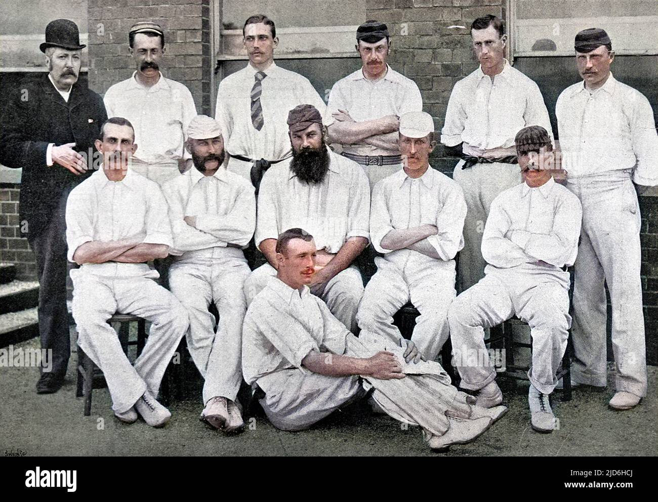 Photograph of Gloucestershire County Cricket team for the 1892 season. Back row, left to right: J.Smith (scorer), E. Sainsbury, S.A.P. Kitcat, Roberts, Murch, Painter. Middle row, left to right: Captain A.H. Luard, E.M. Grace, Dr. W.G. Grace (captain), Woof, O.G. Radcliffe. Front row: Board. Colourised version of: 10218928       Date: 1892 Stock Photo