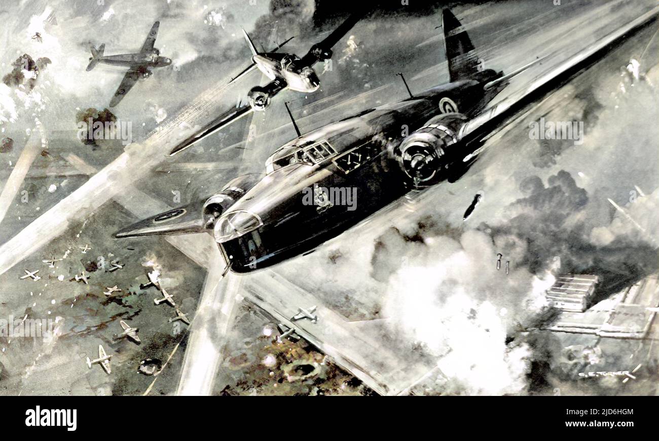 Illustration showing Royal Air Force 'Wellington' bombers attacking the German airfield at Stavanger, Norway, during April 1940. Colourised version of: 10219982       Date: 1940 Stock Photo