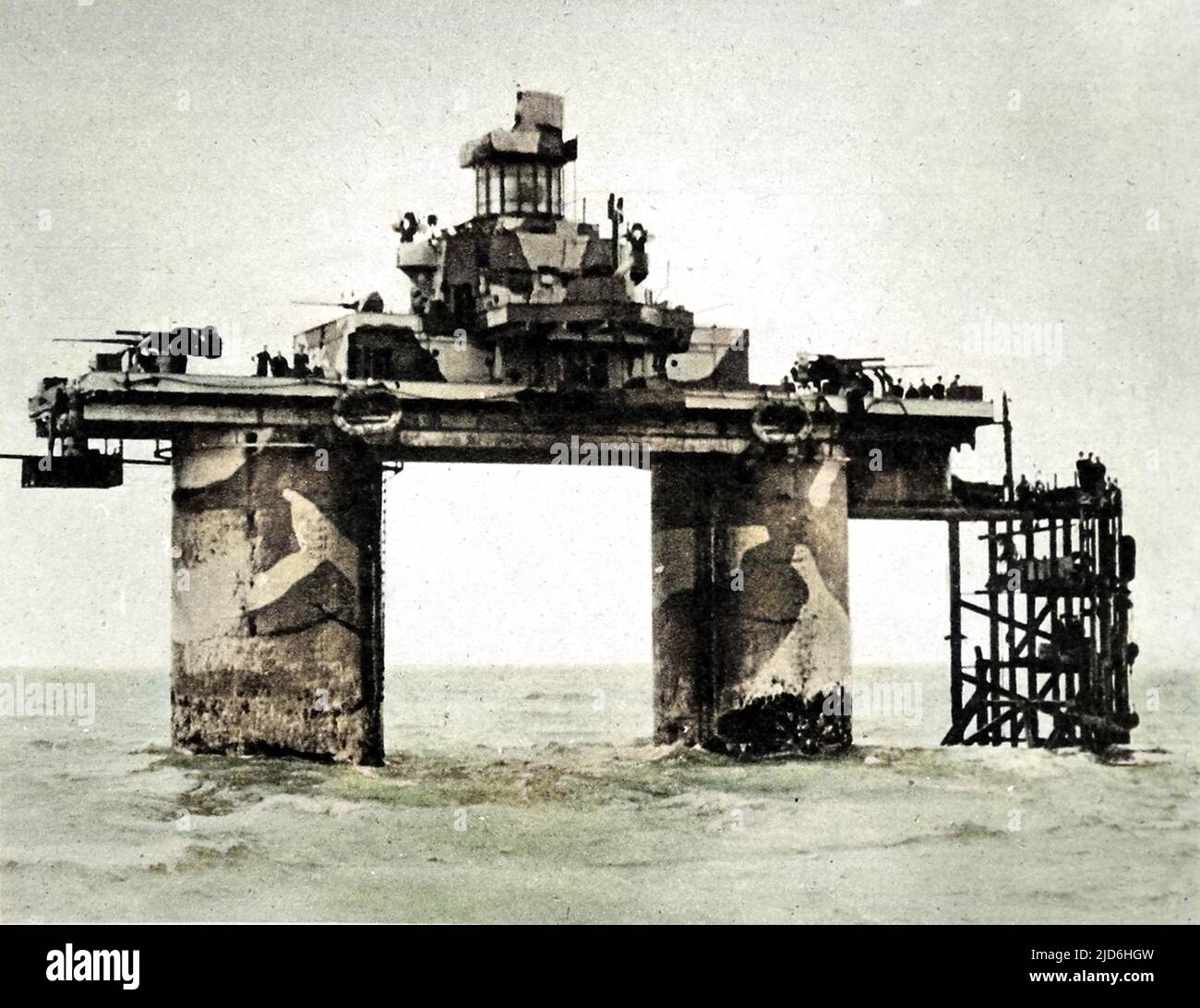 A Sea Fort, designed by G.A. Maunsell, situated in the Thames Estuary during the Second World War, 1944. This fort was in commission as a warship, being manned by Royal Marines under the command of RNVR officers. Colourised version of: 10220052       Date: 1944 Stock Photo