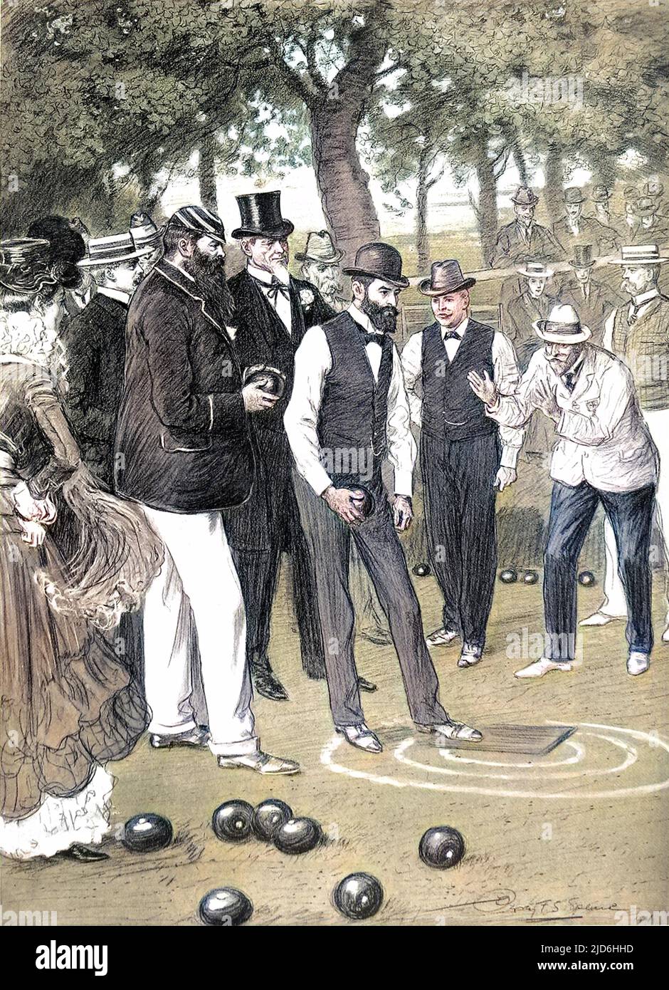 A match of bowls at the Crystal Palace in London during June 1901. The players shown are (from left to right) Dr. W.G. Grace (large beard), Mr. John Young (Australia), Mr. J.W. Dingles (New Zealand) and Mr. Owen McSolly (Abbey Park Club, Leicester). Colourised version of: 10220075       Date: 1901 Stock Photo