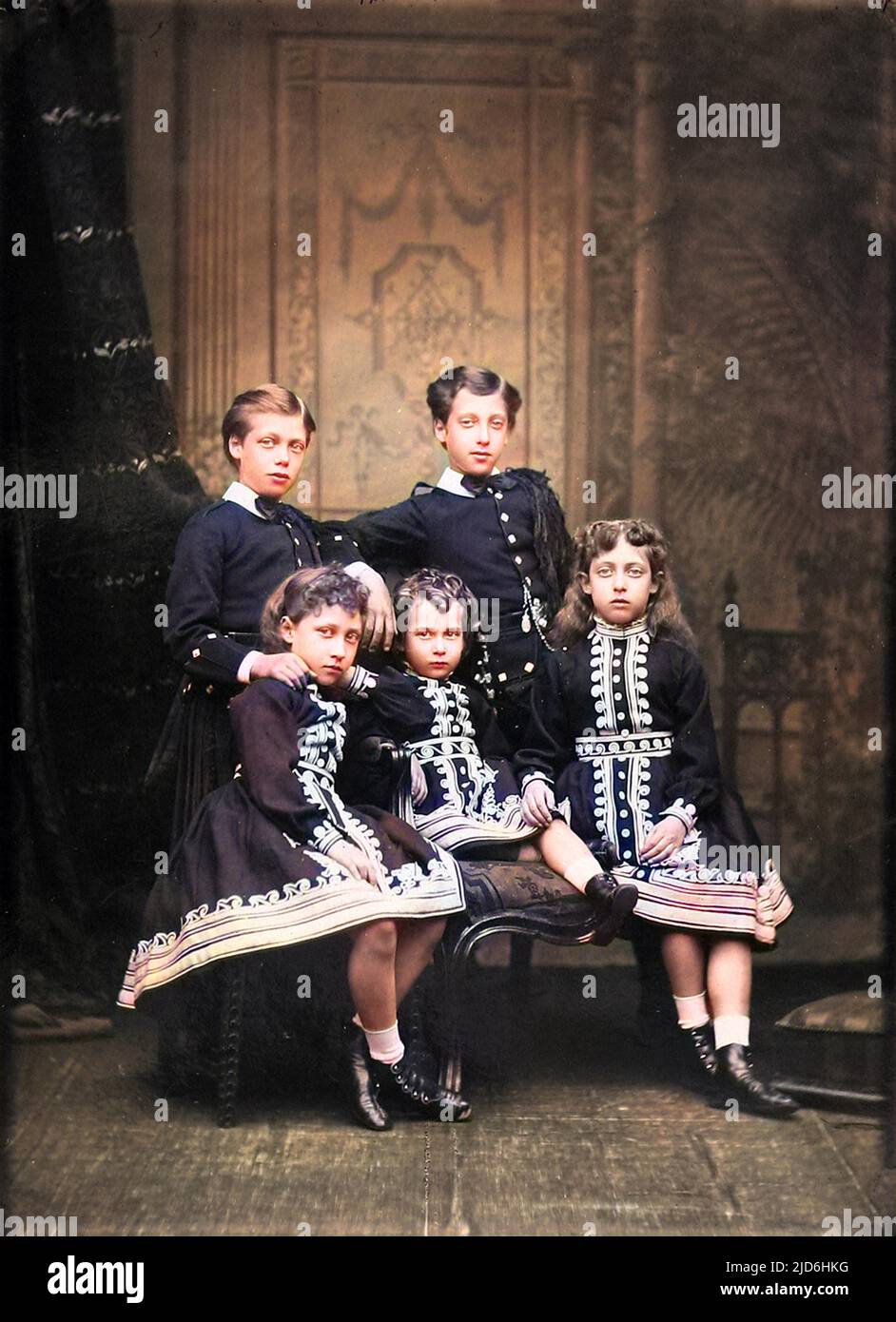 Photographic study of the five children of Edward VII and Queen Alexandra, taken while Edward was still Prince of Wales.  The children, from left are: the Duke of York (later George V), Louise, the Princess Royal (later Duchess of Fife), Queen Maud of Norway, Albert Victor, Duke of Clarence and Princess Victoria. Colourised version of: 10220964       Date: Circa 1871 Stock Photo
