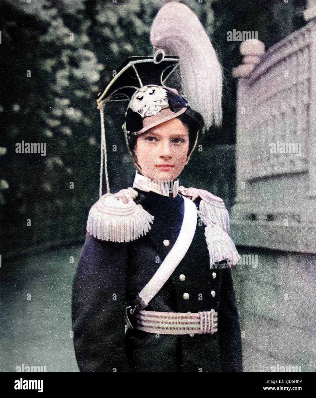 Grand Duchess Tatiana Nikolaevna of Russia (1897 - 1918), second daughter of Tsar Nicholas II and Alexandra Feodorovna wearing the unifom of Colonel-In-Chief of the 8th Regiment of Uhlans of Vosnessensk. Colourised version of: 10220552       Date: 1914 Stock Photo