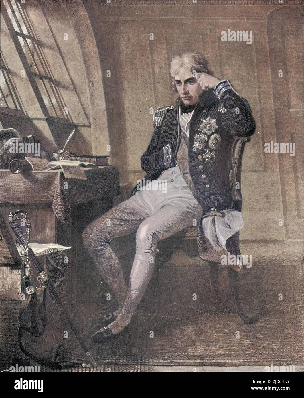 This is a painting of Nelson in his cabin. The attitude is characteristic of the Admiral who had periods of great despondency even in his hours of greatness and inspite of his many devoted friends he felt he was alone. Colourised version of: 10221344       Date: 21 October 1805 Stock Photo