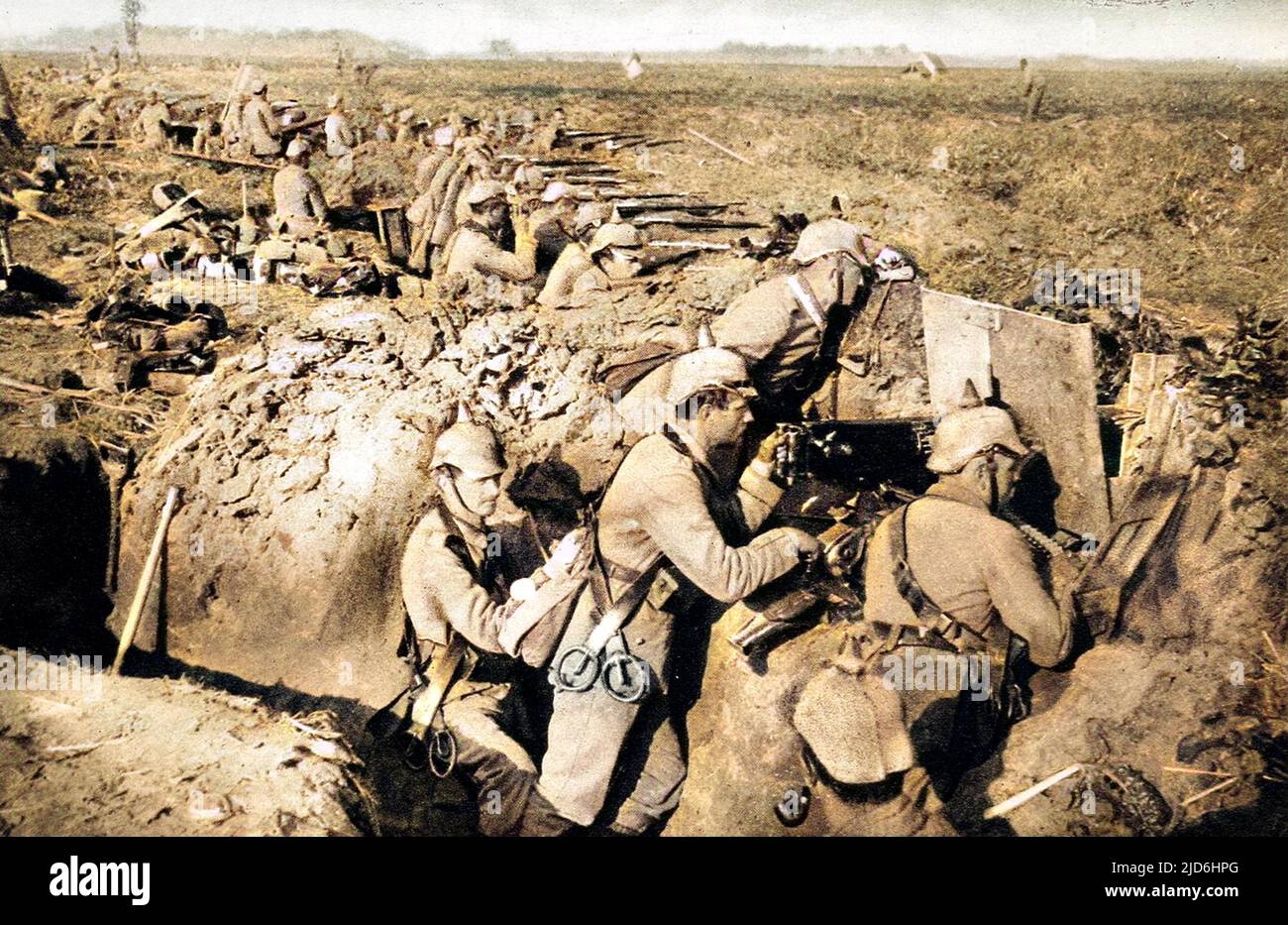 The weapon which is said to have changed German Infantry tactics: A machine-gun in the German trenches. Colourised version of: 10220445       Date: 1914 Stock Photo