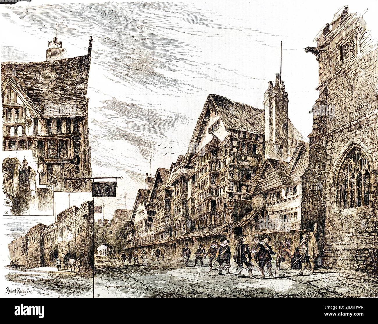 Several views of medieval London. The main view is of a street scene