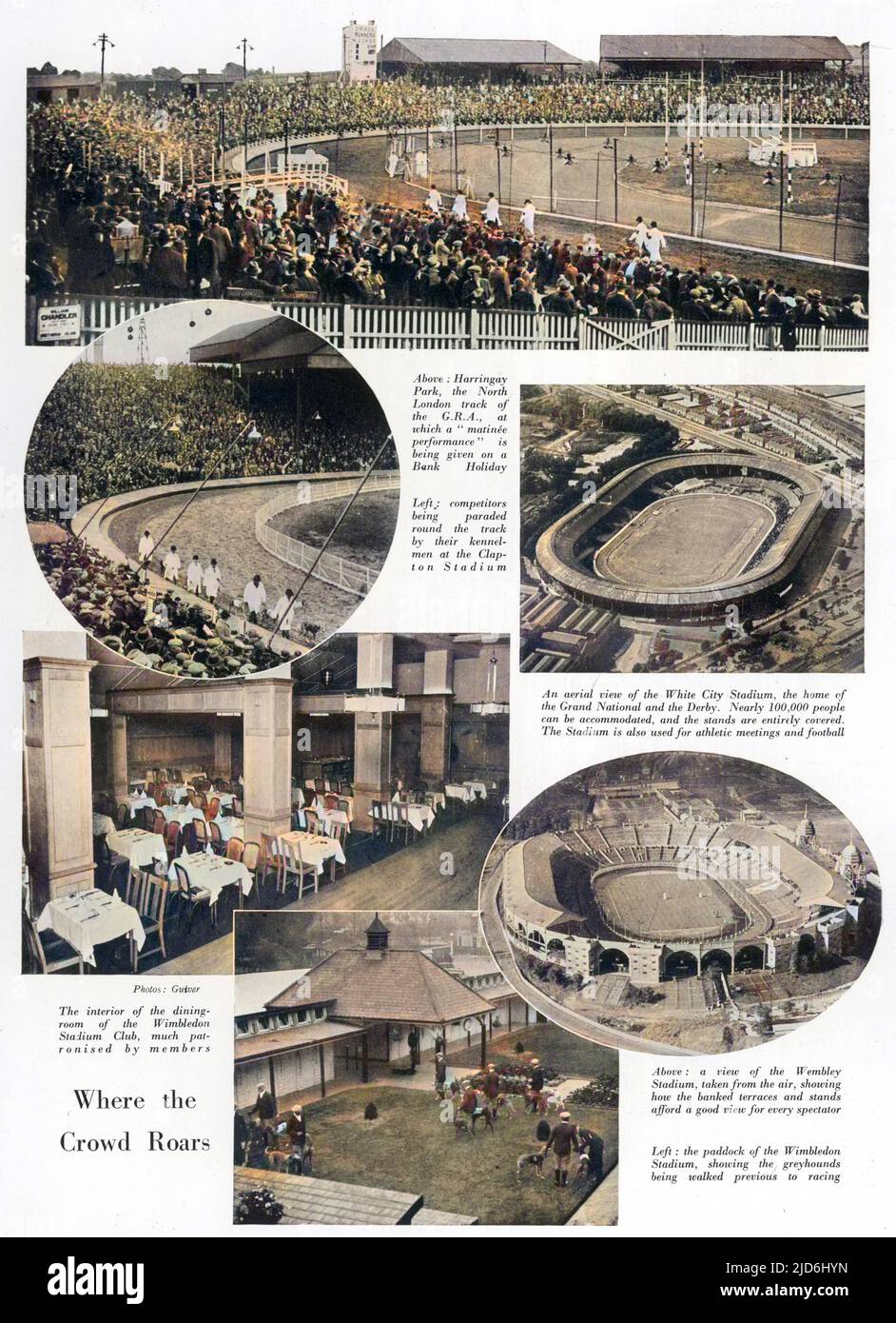 Page from the Bystander's Greyhound Racing Number showing views of various greyhound tracks and stadiums mushrooming around the country during the 1920s and 30s.  At top is Harringey, left top is Clapton, while an aerial view of White City (top) and Wembley (bottom) are on the right.  On the left at the bottom is the dining room at Wimbledon Stadium and the paddock where the greyhounds are walked prior to racing. Colourised version of: 10238094       Date: 19-Apr-33 Stock Photo