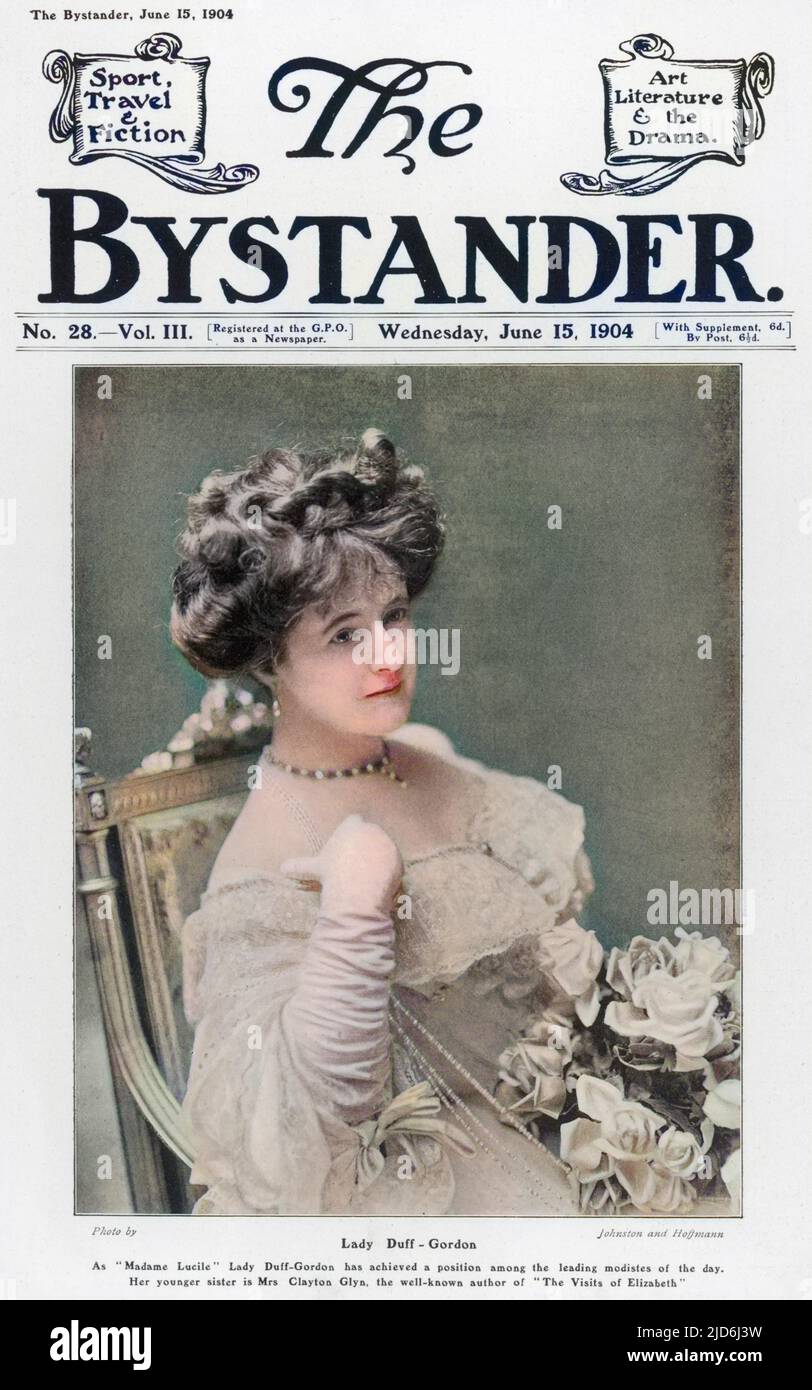 Lucy Christiana, Lady Duff Gordon, a leading fashion designer better known by her professional name, 'Lucile'. She was the proprietor of Lucile's, Hanover Square, famous for the 'emotional' gown. Sister of the writer, Elinor Glyn and wife of Sir Cosmo Duff Gordon. Colourised version of: 10294944       Date: 1904 Stock Photo