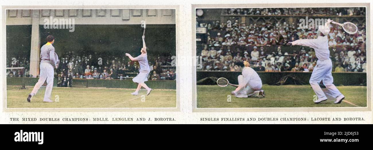 Two pictures showing French pairs playing doubles at Wimbledon in 1925.  On the left is a sartorial duo; Suzanne Lenglen in her bandeau stretching for a smash, while her partner Jean Borotra, the 'bounding Basque', watches wearing a jumper and his signature beret.  Borotra is in action again in the right hand picture crouching as his partner Rene Lacoste serves the ball. Colourised version of: 10437742       Date: 1925 Stock Photo