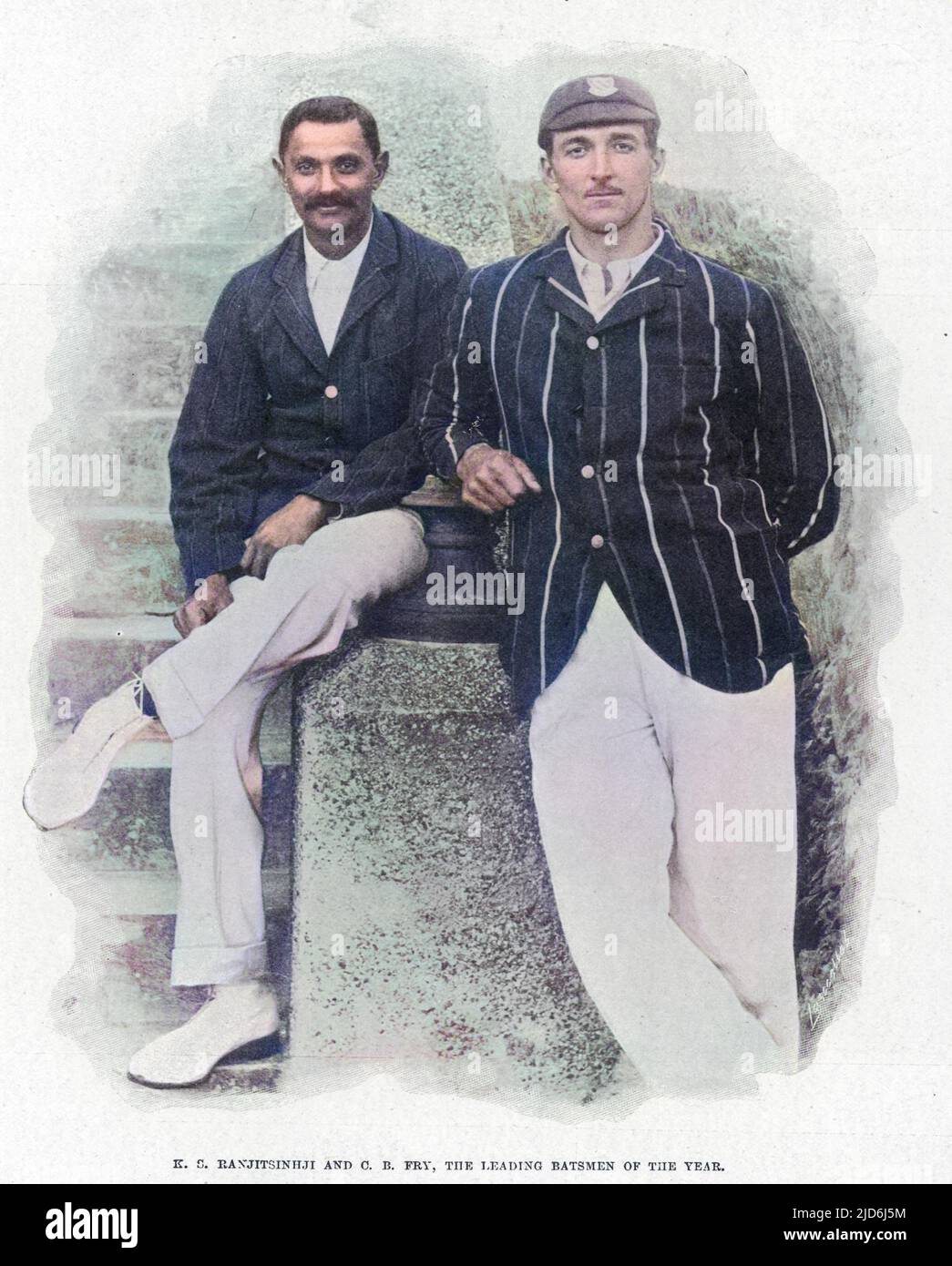 The leading batsmen of the year in 1901, cricketers K.S. Ranjitsinhji (1872-1933) and C.B. Fry (Charles Burgess Fry 1872-1956). Colourised version of: 10430302       Date: 1901 Stock Photo