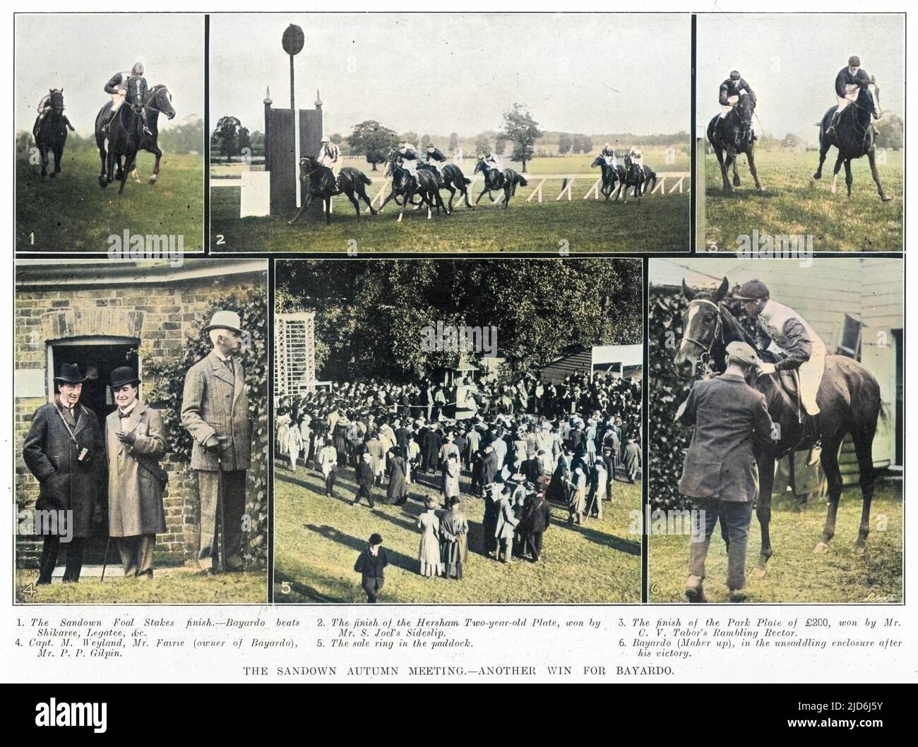 The Sandown autumn meeting where the British thoroughbred racehorse, Bayardo, was victorious. Colourised version of: 10439003       Date: 1909 Stock Photo