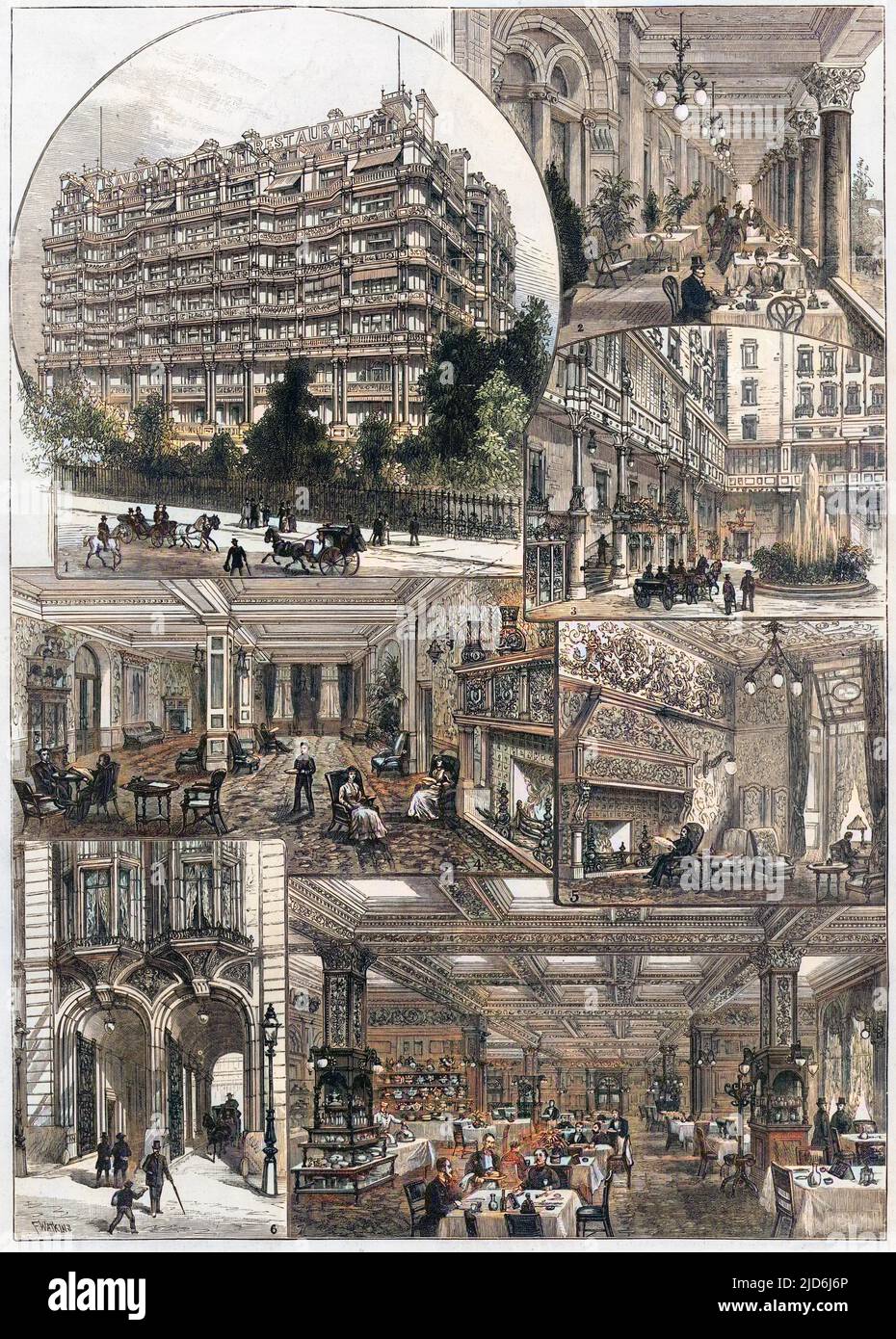Views of the Savoy Hotel in London including the exterior, the courtyard, restaurant and general reception room. Colourised version of: 10469560       Date: 1889 Stock Photo