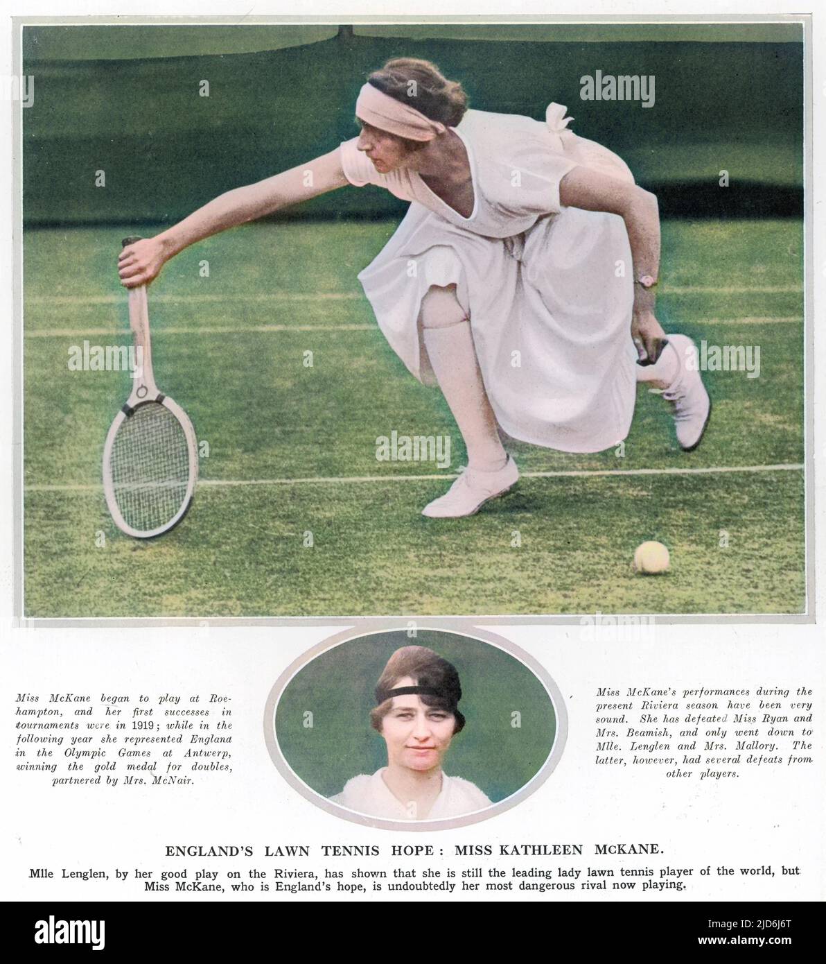 Miss Kathleen McKane (Kitty McKane Godfree) (1896-1992), tennis player, England's lawn tennis hope, and rival to the French player, Suzanne Lenglen. Colourised version of: 10433843       Date: 1923 Stock Photo