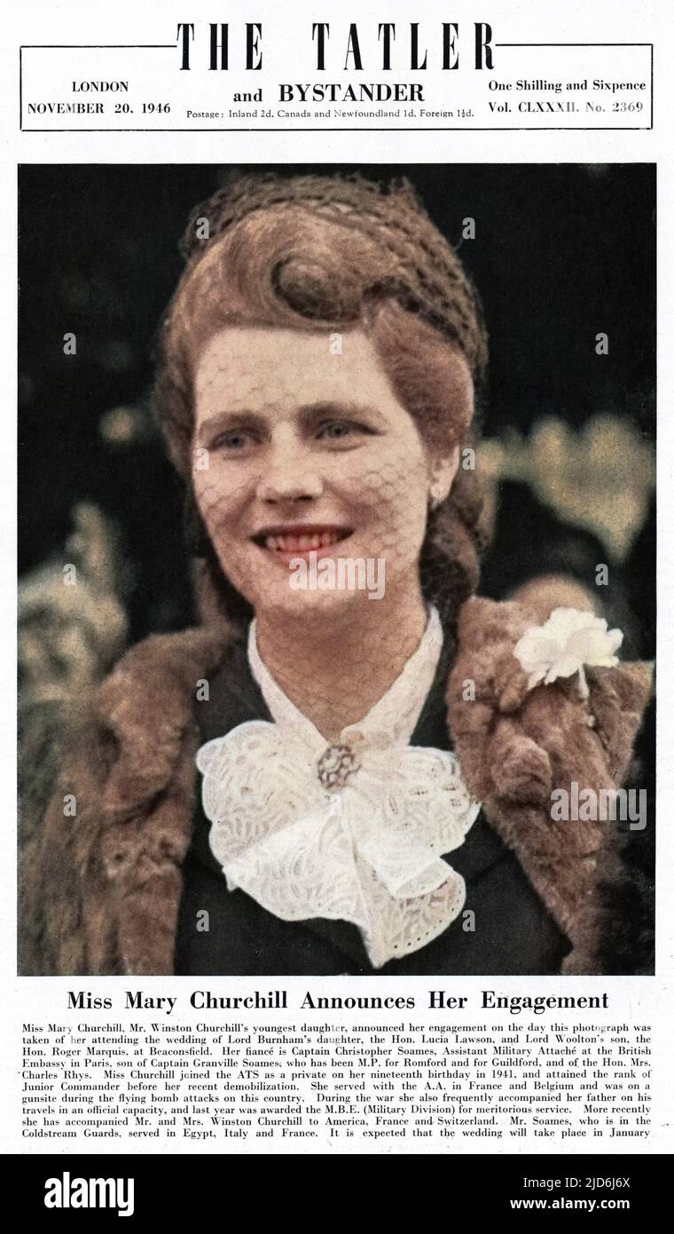 Miss Mary Churchill(b. 1922), Mr. Winston Churchill's youngest daughter, announced her engagement on the day this photograph was taken of her, attending the wedding of Lord Burham's daughter, the Hon. Lucia Lawson, and Lord Woolton's son, the Hon. Roger Marquis, at Beaconsfield. Her fiance is Lord Soames, son of Captain Granville Soames. Colourised version of: 10509468       Date: 1946 Stock Photo