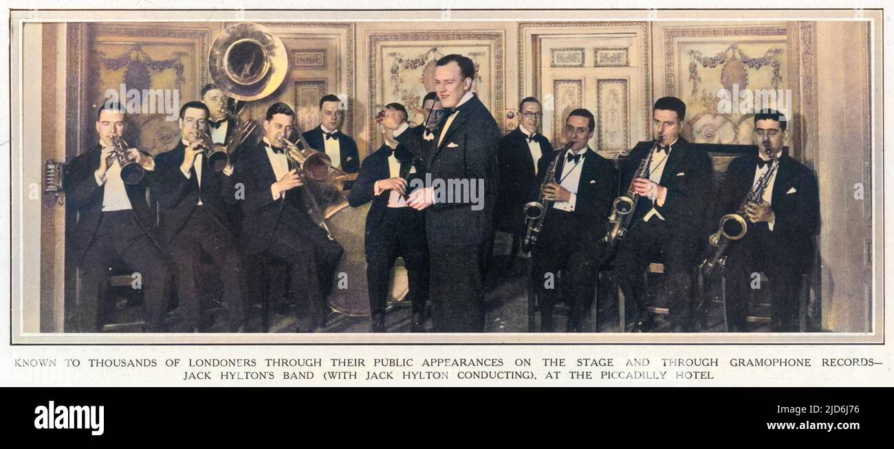 Jack Hylton (1892 - 1965), British musician, band leader and later Director of Dance Music for the BBC seen with his dance orchestra shortly after they began playing at the Piccadilly Hotel in London in 1925. Colourised version of: 10438804       Date: 1925 Stock Photo