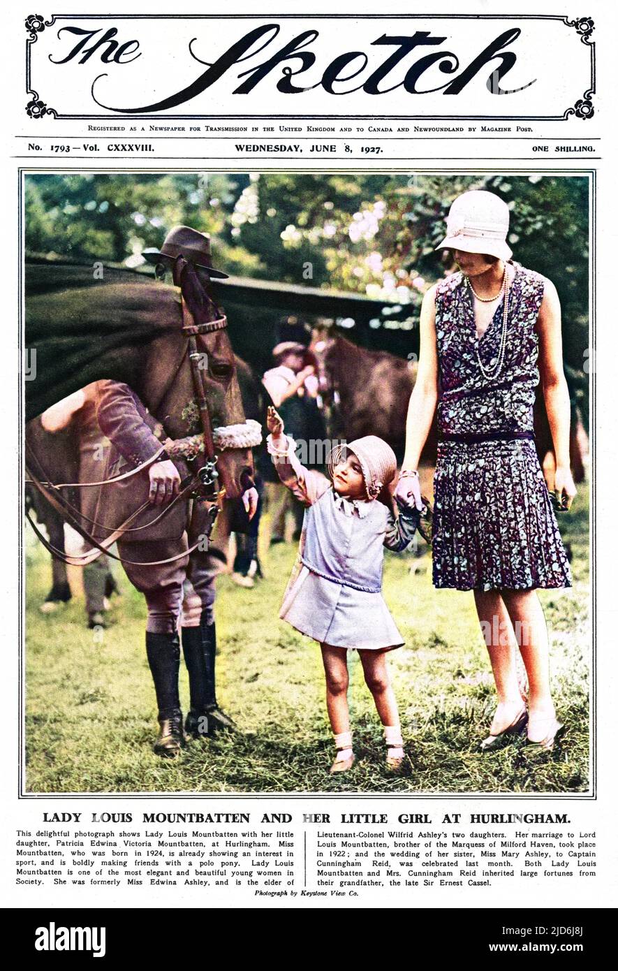Lady Louis Mountbatten (1901 - 1960), later Countess Mountbatten of Burma and Vicerine of India, previously Miss Edwina Ashley, pictured at Hurlingham with her elder daughter Patricia (now Patricia Knatchbull, 2nd Countess Mountbatten of Burma).  Dressed in an adorable coat and cloche hat Patricia reaches out to stroke the nose of a polo pony. Colourised version of: 10504375       Date: 1927 Stock Photo