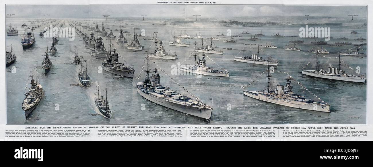 A panoramic view showing the berthing arrangements made for the Review of the Fleet at Spithead by King George V to celebrate his Silver Jubilee. The pageant included ships of the Royal Navy, the Royal Indian Navy, the Royal Australian Navy, the Merchant Navy and the fishing fleet. To the left of the picture, the King's yacht, 'Victoria and Albert' is preceded by the Trinity House yacht, 'Patricia' as it passes through the lines. Colourised version of: 10514474       Date: 16-Jul-35 Stock Photo