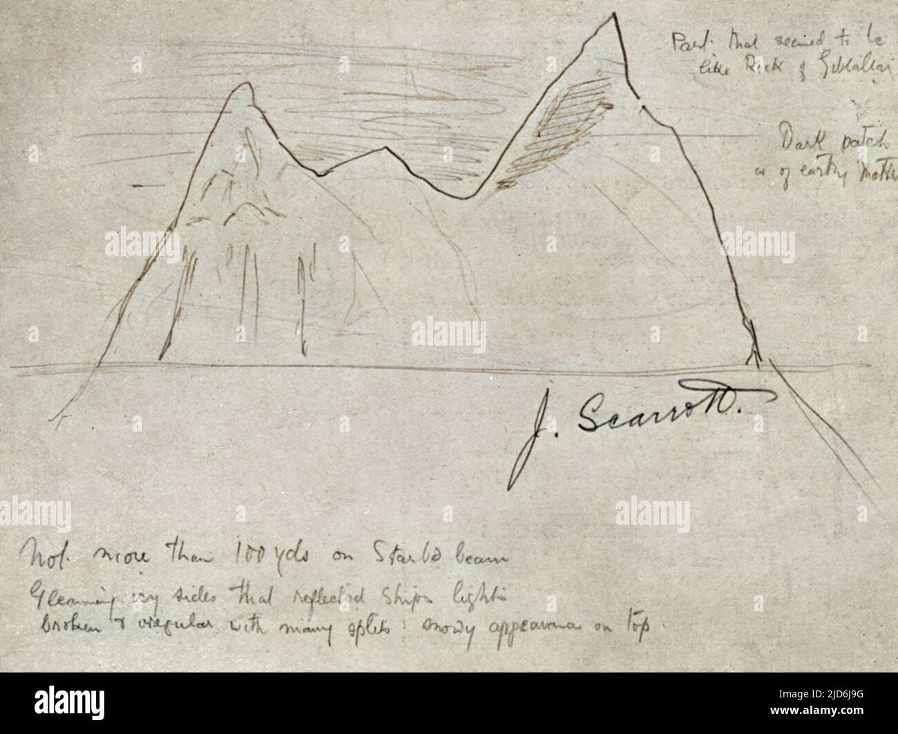 An original sketch of the iceberg's outline, created and signed by J. Scarrott, one of the crew of the Titanic. Colourised version of: 10504345       Date: 1912 Stock Photo